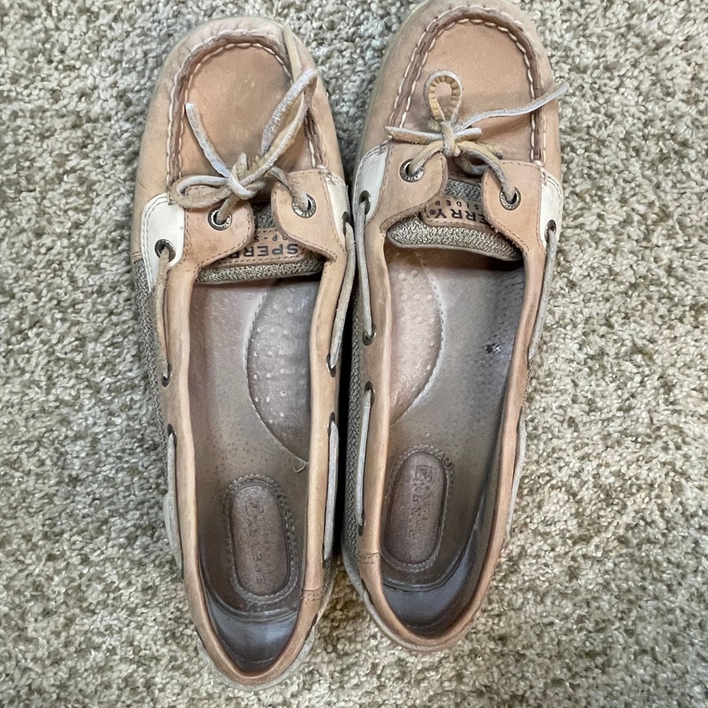 Sperry Top-Sider Women Tan Cream Leather Mesh Boat Shoes Preppy Coastal